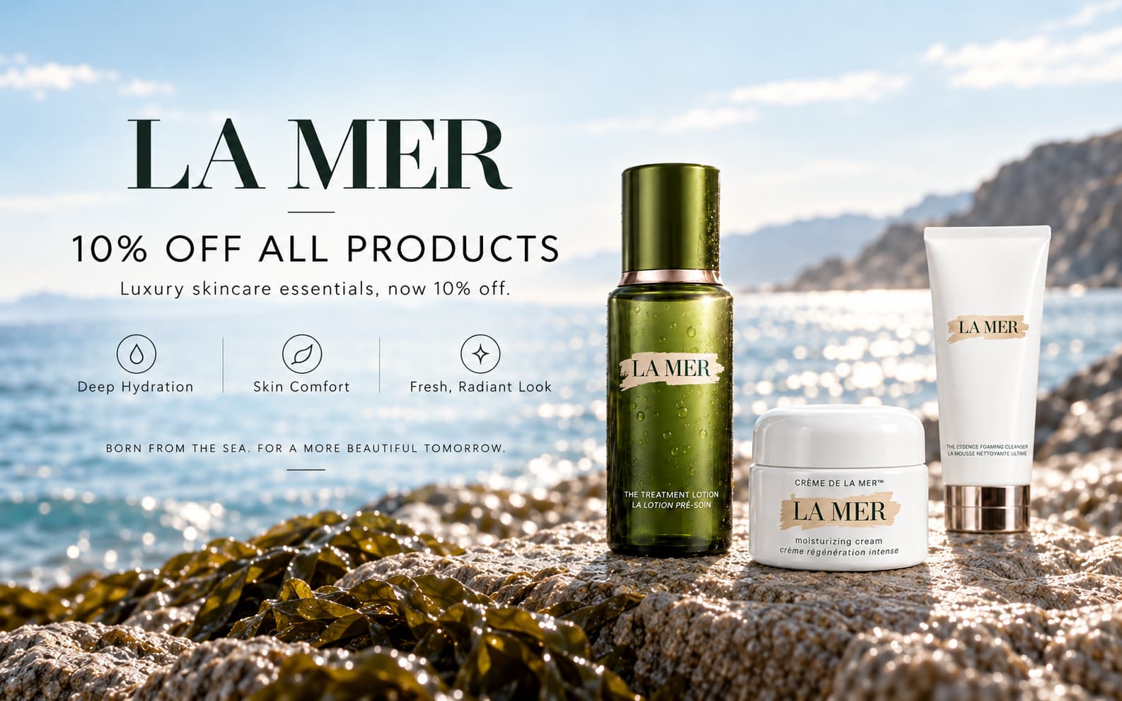 海边场景中的 La Mer 护肤系列